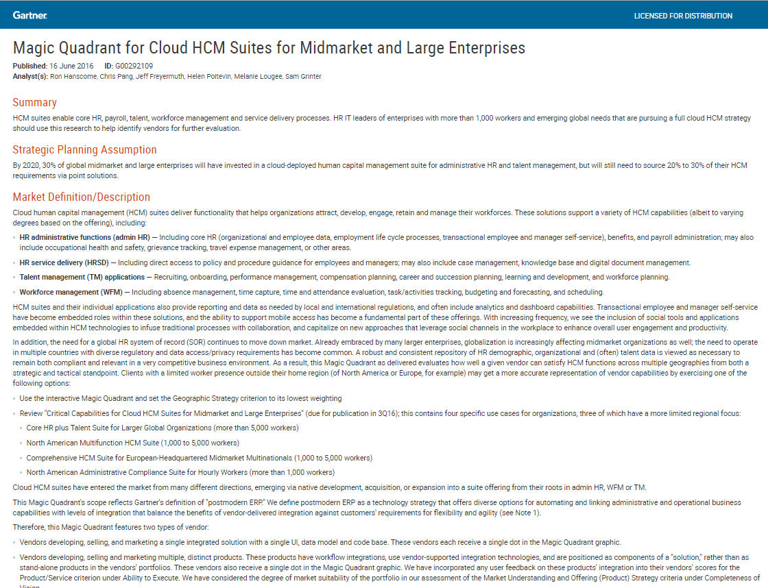 Magic Quadrant for Cloud HCM Suites for Midmarket and Large Enterprises